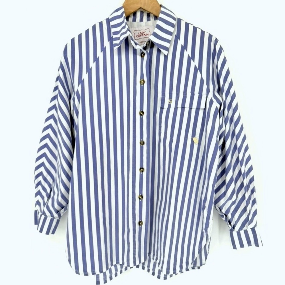 Lady Captain Womens Blue White Striped Vented Back Fishing Shirt Long Sleeve M